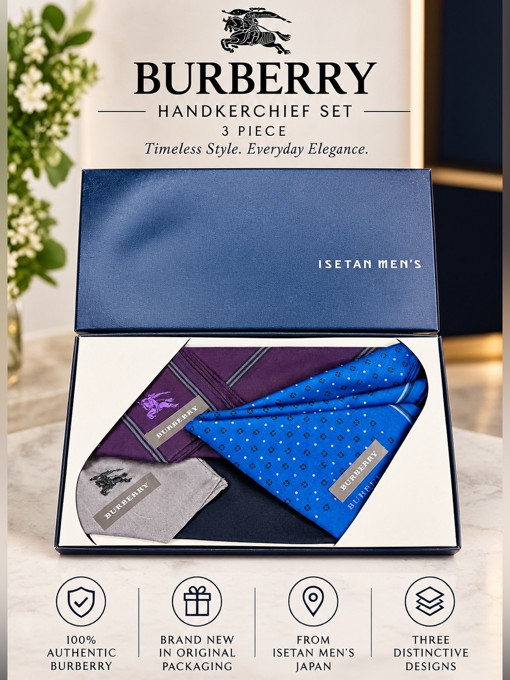 Burberry Handkerchief Set 3 Piece 100% Authentic Isetan Men’s Japan New
